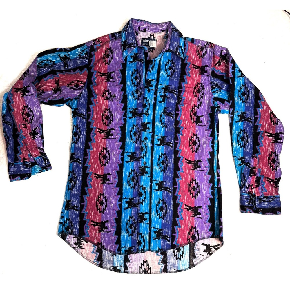 Vintage Wrangler Shirt Men XL Blue Purple Aztec Print Cowboy Pockets Regular Fit